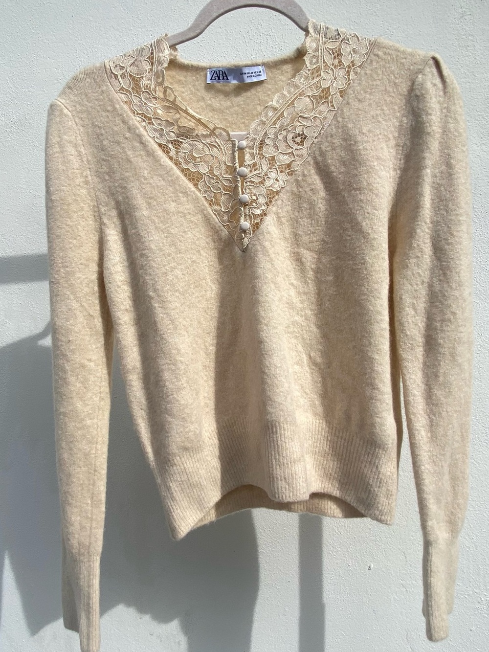 Zara Cottagecore Cream Lace Button Up Sweater Size Medium